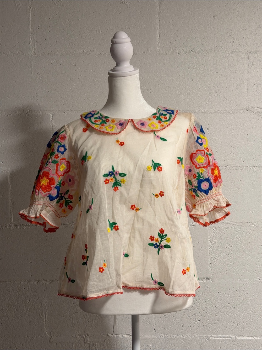 Flowers of Love top: Embroidered Floral Ivory Cotton Top with Peter Pan Collar